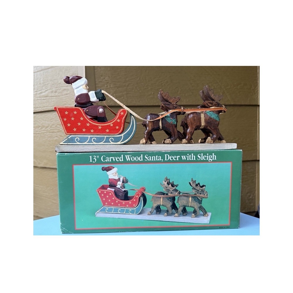 Carved Wooden Santa Claus Sleigh Pulling Reindeer Toy Christmas